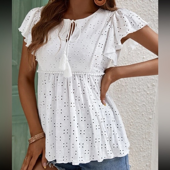 Elegant Peplum Tie Flutter Sleeve Eyelet Embroidered Top Blouse Shirt - Picture 8 of 13